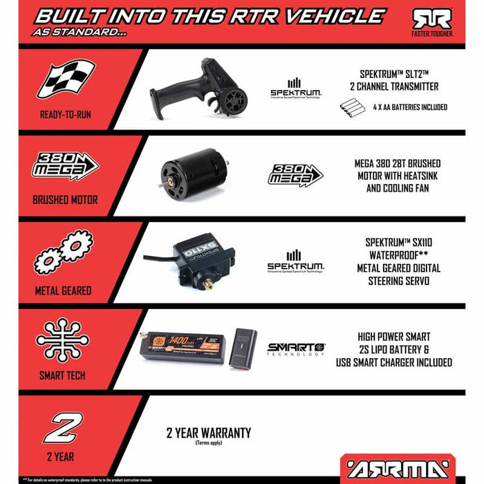 ARA2104T1 MOJAVE GROM MEGA 380 Brushed 4X4 Small Scale Desert Truck RTR with Battery & Charger, Red/Black ** IN STOCK EARLY JULY** (FOR A EXTRA BATTERY PLEASE ORDER SPMX142S30H2)