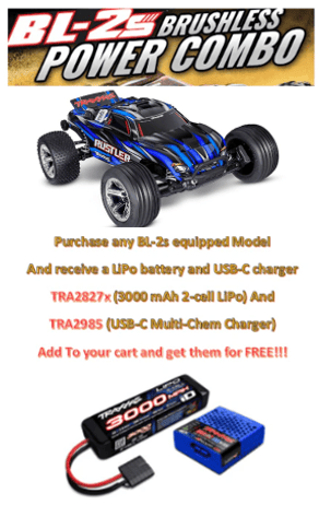 TRA37354-4BLUE Traxxas 1/10 Rustler 2WD BL-2S Clipless - Blue ***For this promotion please add Part number TRA2985  & TRA2827X  TO GET IT FOR FREE