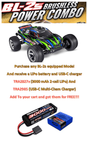 TRA37354-4GREEN Traxxas 1/10 Rustler 2WD BL-2S Clipless - Green ***For this promotion please add Part number TRA2985  & TRA2827X  TO GET IT FOR FREE