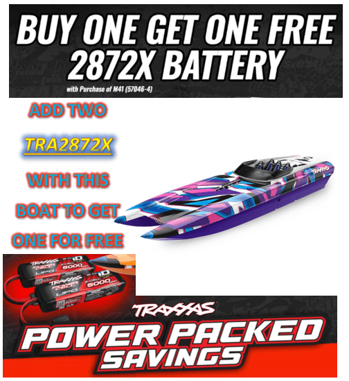 TRA57046-4 Traxxas DCB M41 Widebody 40" Catamaran Race Boat Purple ***BUY ONE GET ONE FREE
2872X BATTERY. You will need to use 2 batteries to run the boat. and a charger  part # Tra2970