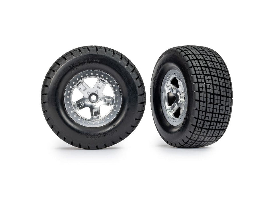 TRA10475 Traxxas Hoosier Tires on satin chrome wheels (2WD rear)