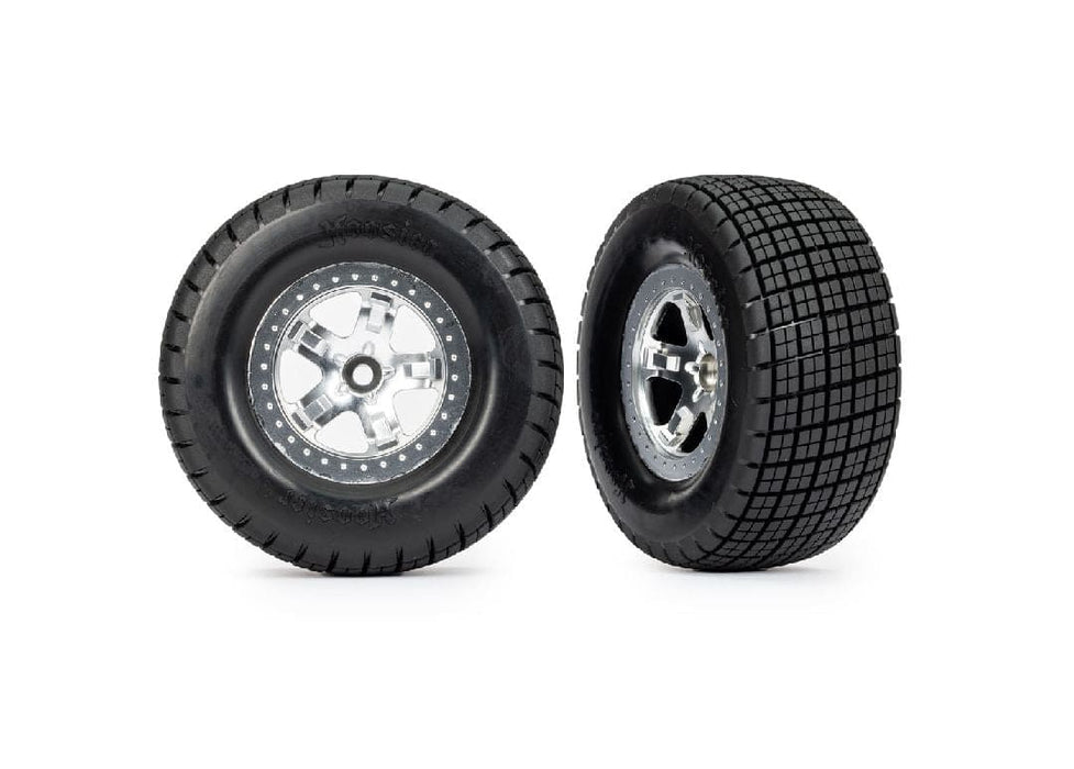 TRA10476 Traxxas Hoosier Tires on satin chrome wheels (2WD front)