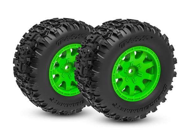 TRA10771-GRN Traxxas Tires & wheels, assembled (green wheels)(front)(2)