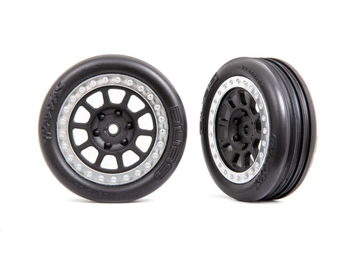 TRA2471G Tires & wheels, assembled (2.2" black, satin chrome beadlock wheels, Alias? ribbed 2.2" tires) (2) (Bandit? front, medium compound w/ foam inserts)