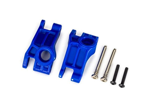 TRA9150-BLUE Carriers, stub axle, rear, extreme heavy duty, blue (left & right)/ 3x31mm hinge pins (2)/ 3x18mm BCS (2) (for use with #9180, 9181, 9182 upgrade kit)