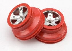 TRA5874A Wheels, SCT satin chrome, red beadlock style, dual profile (2.2" outer, 3.0" inner) (2WD front) (2)