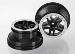 TRA5886 Wheels, SCT Split-Spoke, black, satin chrome beadlock style, dual profile (2.2" outer 3.0" inner) (2WD front) (2)