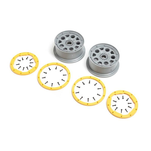 LOS45036 Wheels, Silver, Yellow Beadlock (2): DBXL 2.0