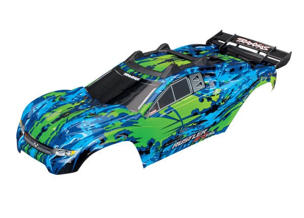 TRA6717G Traxxas Body, Rustler 4X4 VXL, green/ window, grill, lights decal  sheet (assembled with front & rear body mounts and rear body support for
